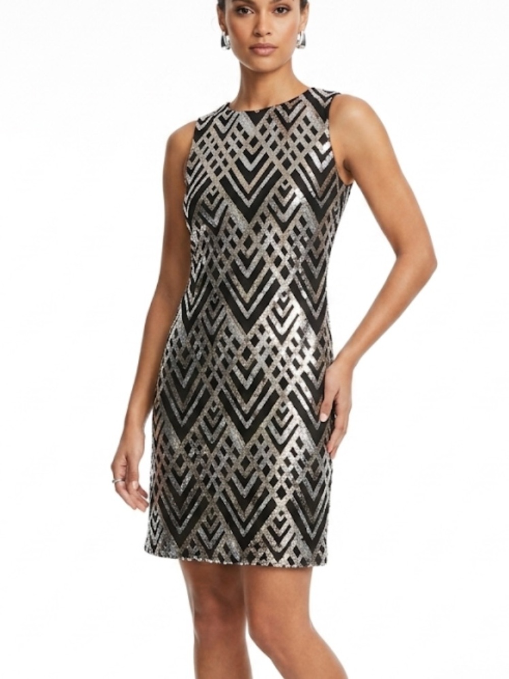 Jessica Howard Sleeveless Black Dress with Gold Sequin Chevron Pattern Size:14